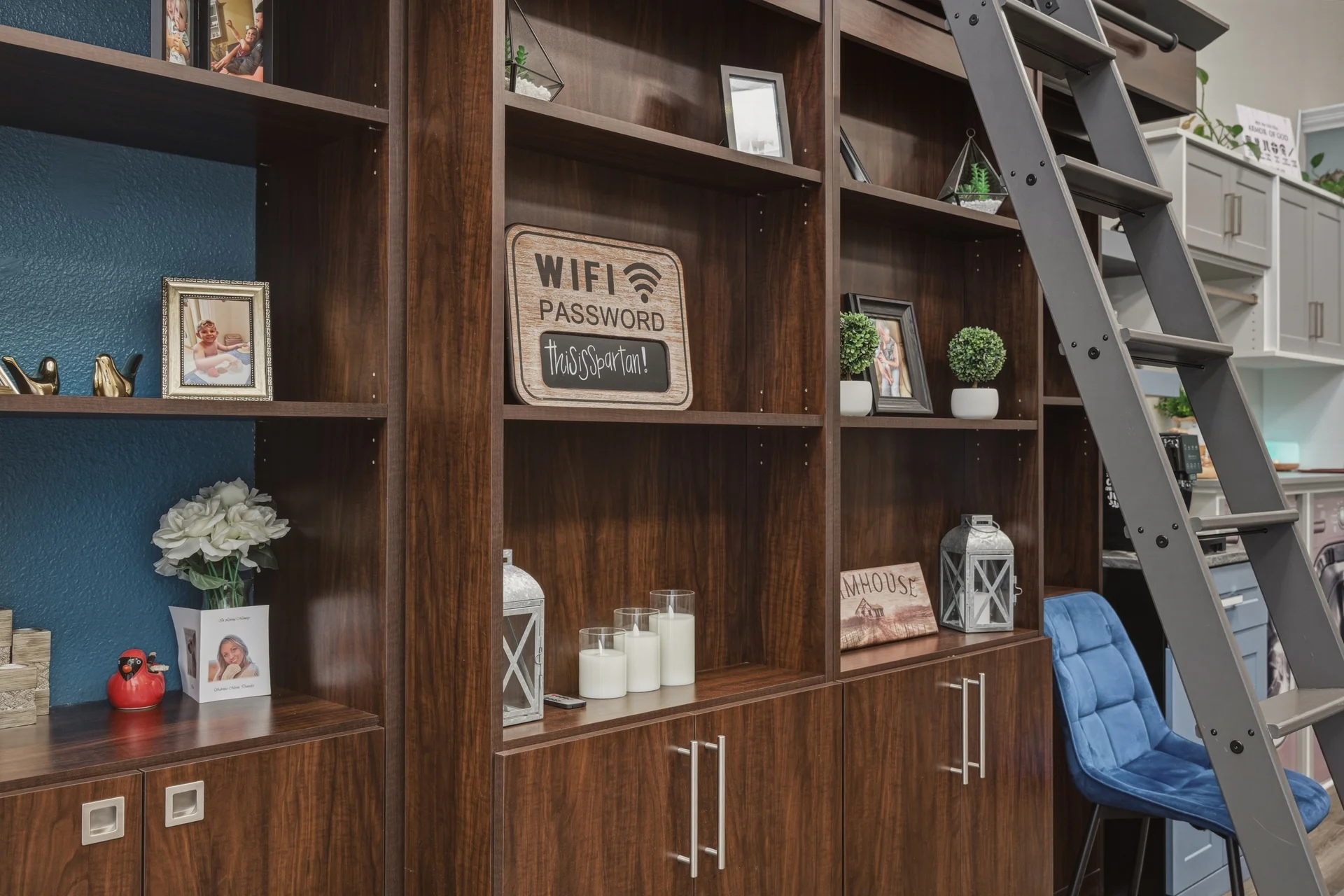 Dream Closets LLC showroom dark wood built-in bookcase with rolling library ladder in Bradenton FL